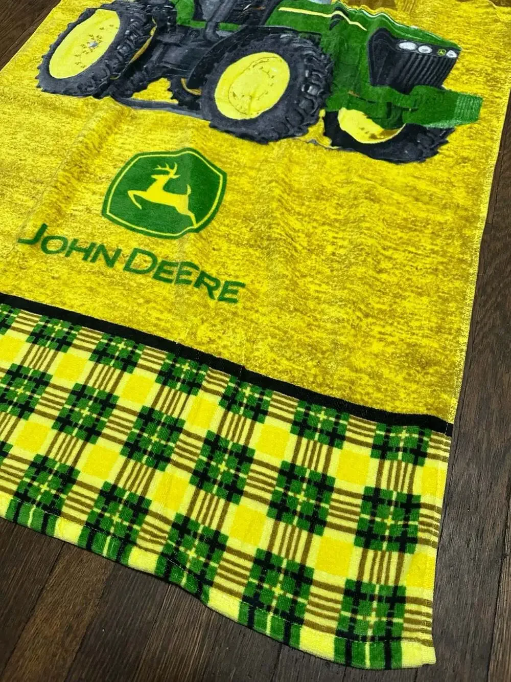 Vintage John Deere Tractor Print 100% Cotton Beach Towel with Plaid Border